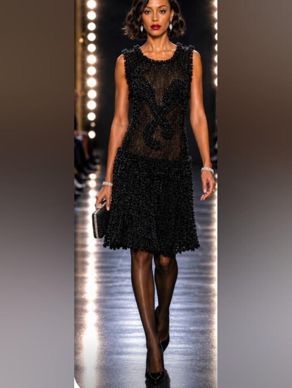 LEON MAX LIMITED EDITION BLACK M L RAISED SOUTACHE CHENILLE SILK FIT FLARE DRESS - Picture 2 of 15